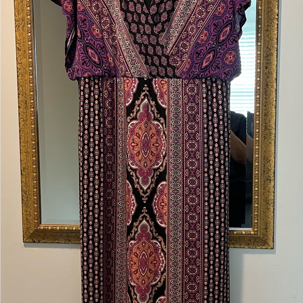 Elegant Purple and Black Patterned Dress from Chicos. Size 3